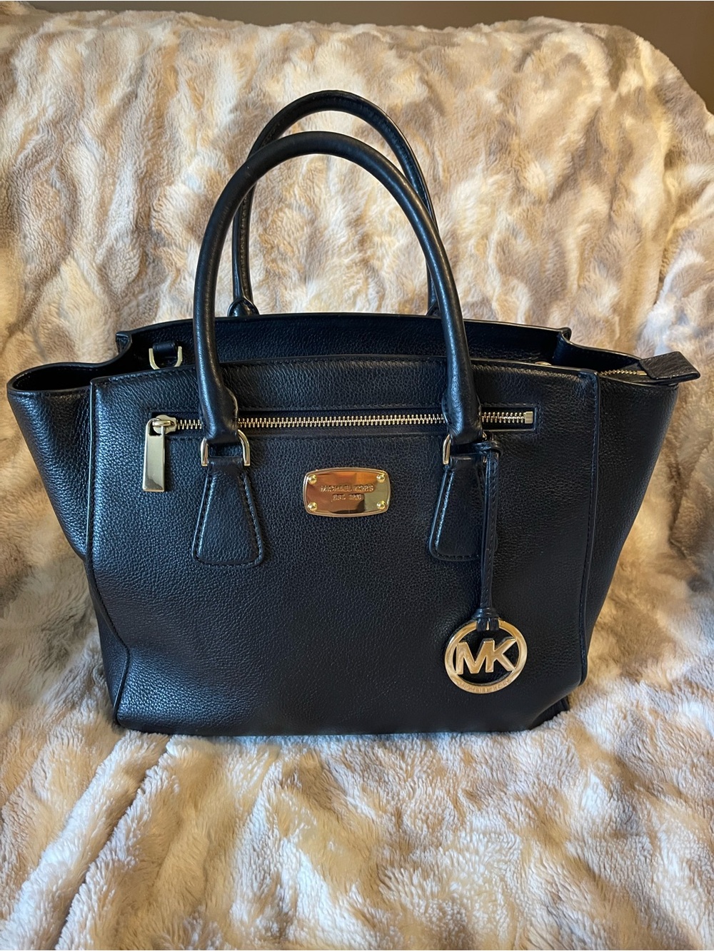 Michael Kors Black Leather Satchel with Gold Accents - Picture 2 of 14